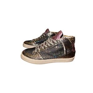 P448 Queens Metallic Silver Snake Print Glitter High Top Sneakers Size 40